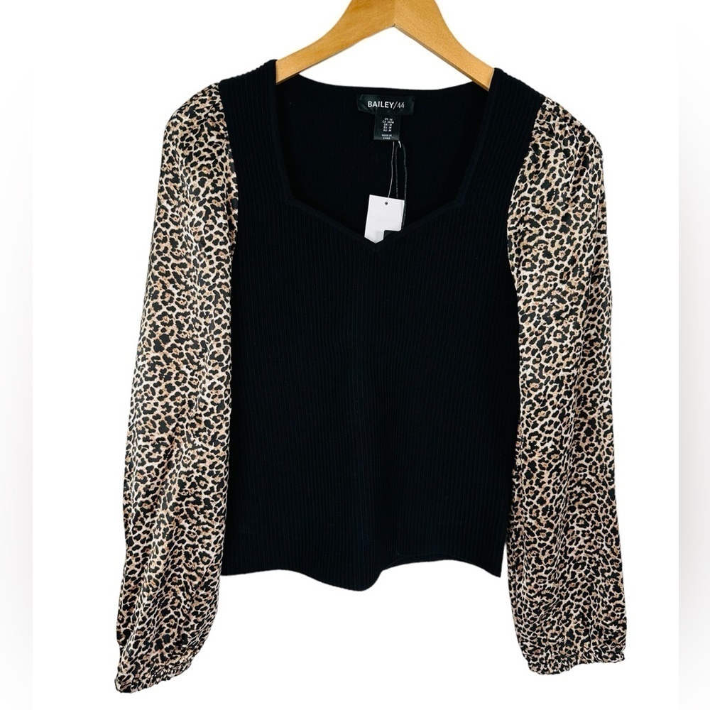 Bailey 44 Mixed Media Ribbed Knit Top Leopard Print Long Sleeve Statement Blouse